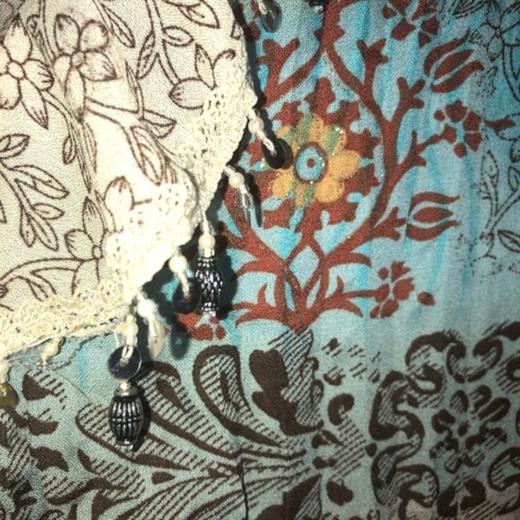 Dressbarn Boho Blouse Top M Button Up Embellished Long Sleeve Flare Cuff Multi - Picture 5 of 11